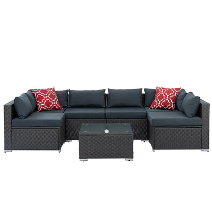 Patio Furniture, Outdoor Furniture, Seasonal PE Wicker Furniture, 7 Set Wicker Furniture with Tempered Glass Coffee Table