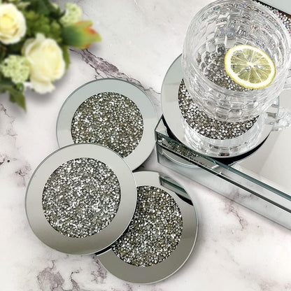 GIMORRTO Glass Mirrored Coaster 4 PC, Crushed Diamond round 4" Cup Mat Decor on Tabletop for Bar Tools Dining Table