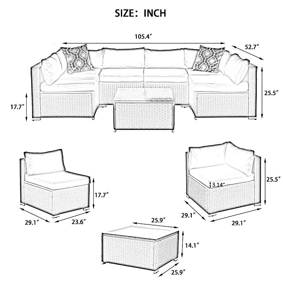 Patio Furniture, Outdoor Furniture, Seasonal PE Wicker Furniture, 7 Set Wicker Furniture with Tempered Glass Coffee Table