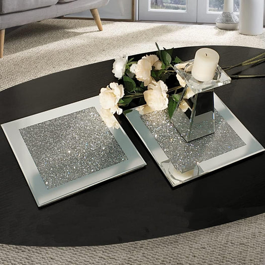 GIMORRTO Glass Mirrored Coaster 2 PC, Crushed Diamond Square Cup Mat 10" Decor on Tabletop for Bar Tools Dining Table