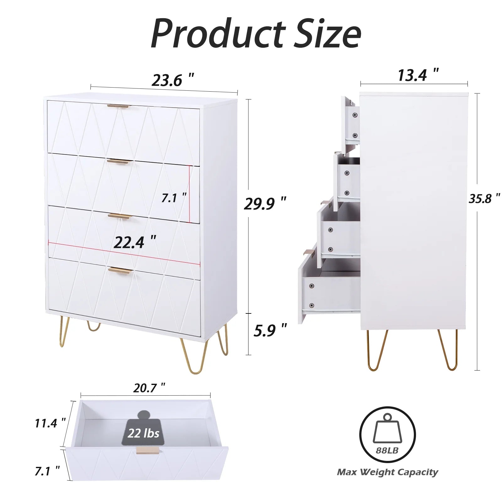 4-Drawer White Dressers with Gold Handles, Modern Wooden Storage Chest Closets
