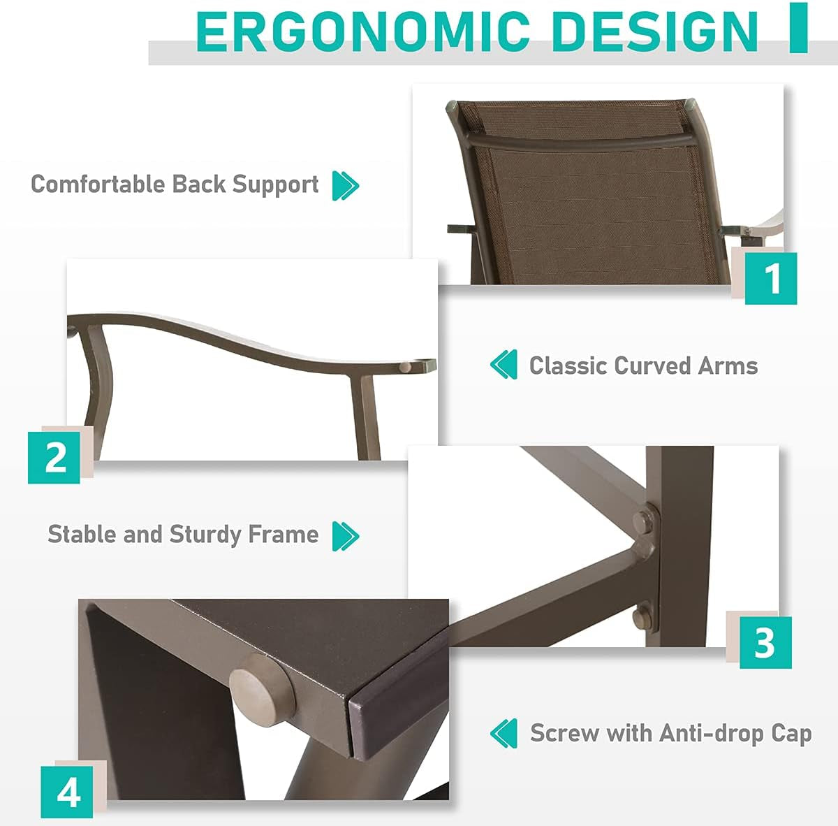 Outdoor Bar Stools & Chairs Set of 2, 2 PCS Counter Height Bar Stools, Patio Bar Chairs Brown Aluminum Frame & Brown Textilene
