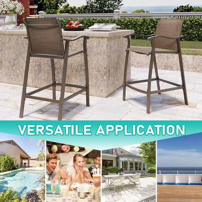 Outdoor Bar Stools & Chairs Set of 2, 2 PCS Counter Height Bar Stools, Patio Bar Chairs Brown Aluminum Frame & Brown Textilene