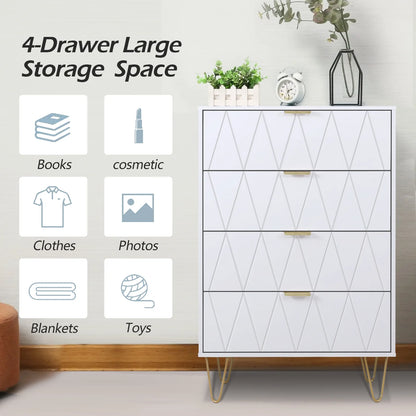 4-Drawer White Dressers with Gold Handles, Modern Wooden Storage Chest Closets