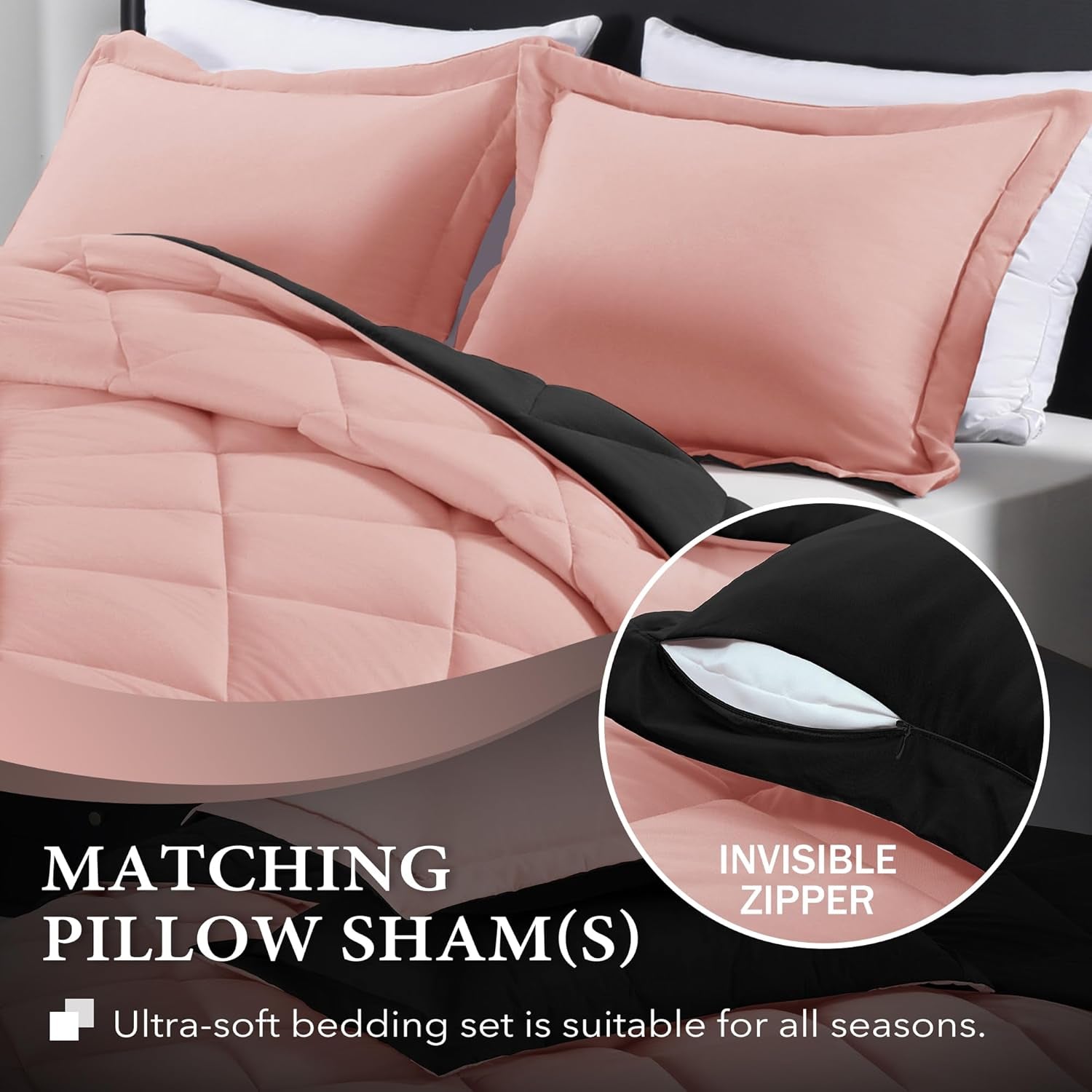 Lightweight Solid Comforter Set (Twin) with 1 Pillow Sham - 2-Piece Set - Pink and Black - down Alternative Reversible Comforter