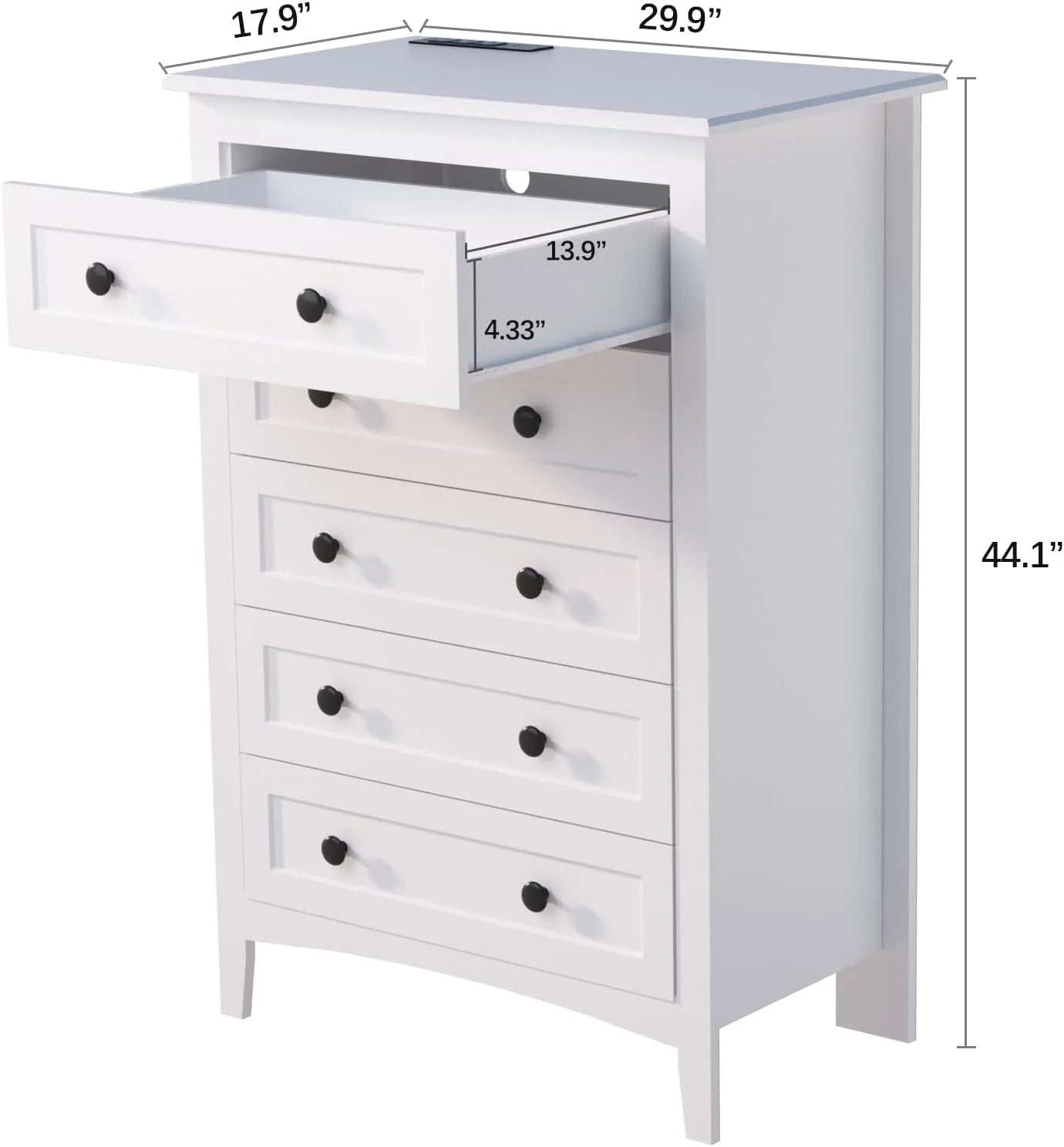 5 Drawer White Dresser with Power Outlets, Wooden Vertical Dressers for Bedroom & Living Room