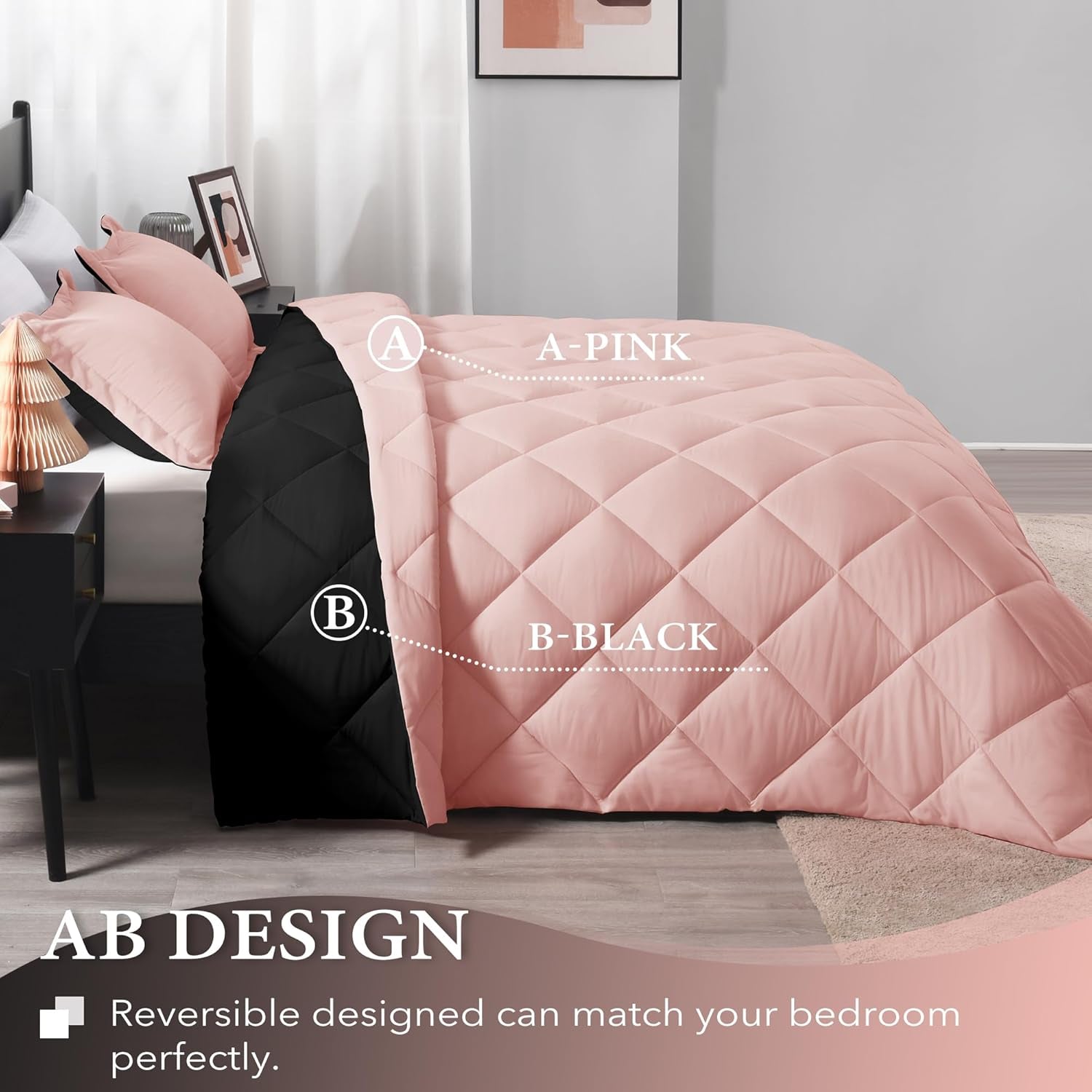 Lightweight Solid Comforter Set (Twin) with 1 Pillow Sham - 2-Piece Set - Pink and Black - down Alternative Reversible Comforter