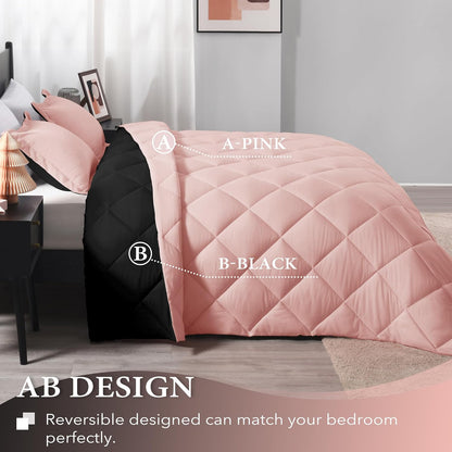 Lightweight Solid Comforter Set (Twin) with 1 Pillow Sham - 2-Piece Set - Pink and Black - down Alternative Reversible Comforter