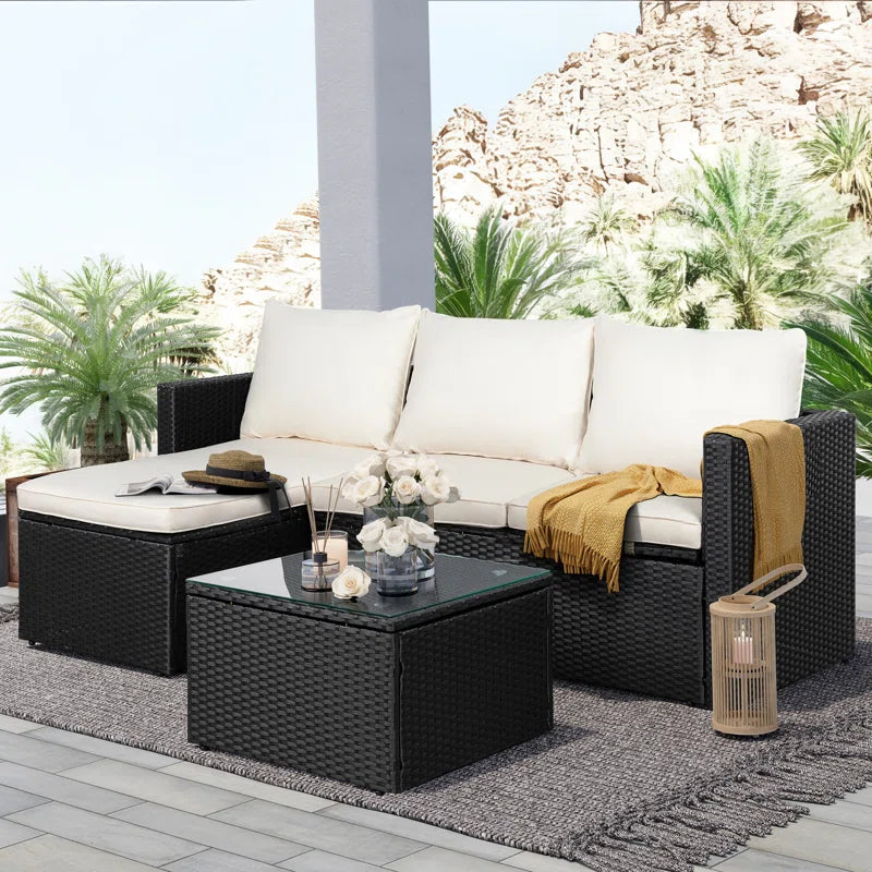 Patio Furniture Set 3 Piece Outdoor Sectional Patio Sofa, All-Weather Wicker Rattan Outdoor Furniture Set with Glass Table and Cushions
