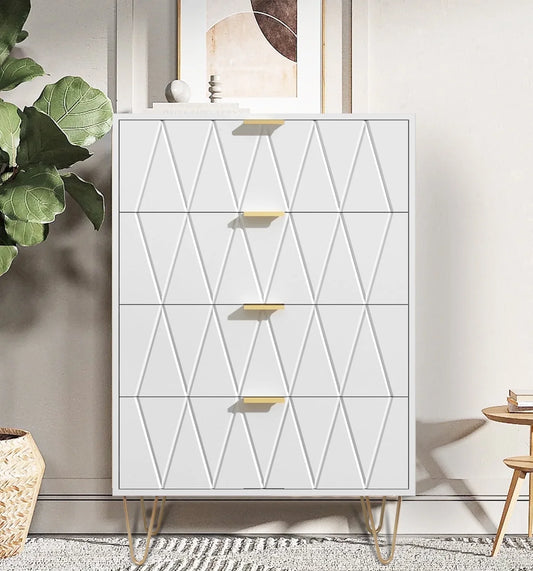 4-Drawer White Dressers with Gold Handles, Modern Wooden Storage Chest Closets