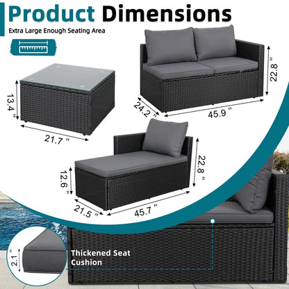 Patio Furniture Set 3 Piece Outdoor Sectional Patio Sofa, All-Weather Wicker Rattan Outdoor Furniture Set with Glass Table and Cushions