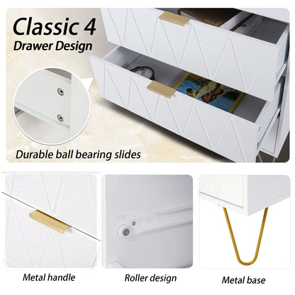 4-Drawer White Dressers with Gold Handles, Modern Wooden Storage Chest Closets