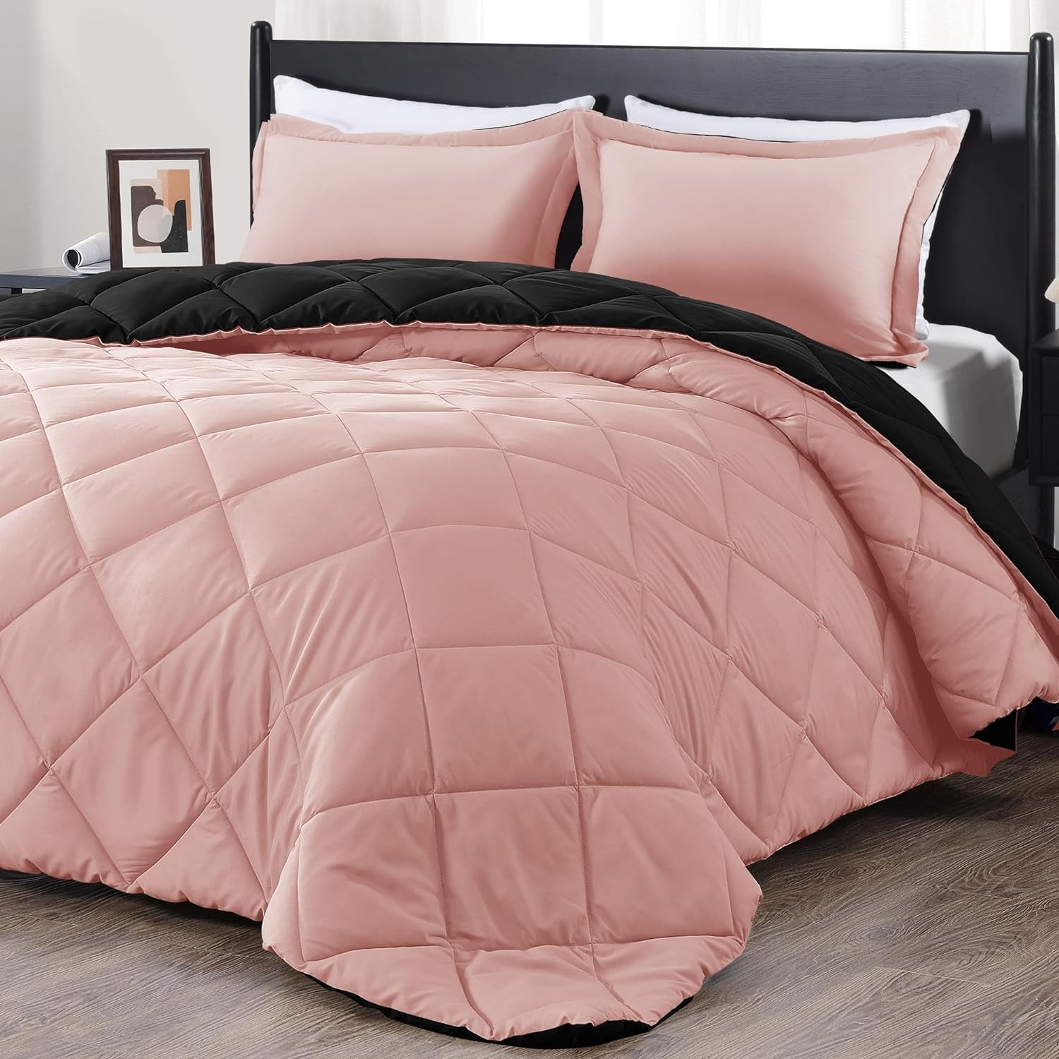 Lightweight Solid Comforter Set (Twin) with 1 Pillow Sham - 2-Piece Set - Pink and Black - down Alternative Reversible Comforter