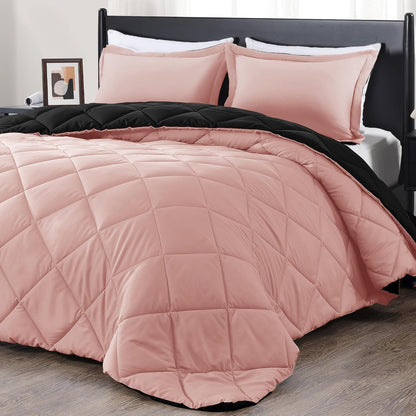 Lightweight Solid Comforter Set (Twin) with 1 Pillow Sham - 2-Piece Set - Pink and Black - down Alternative Reversible Comforter