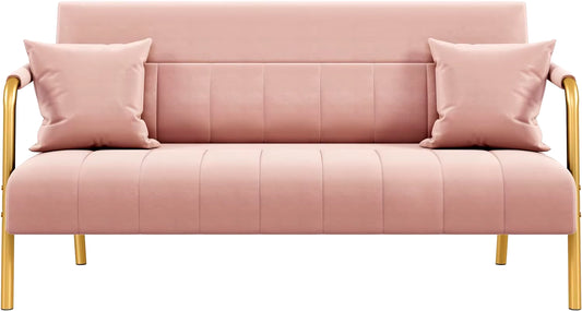 56.6″W Modern Loveseat 2 Seater Sofa Luxurious Velvet Fabric Couch Futon with Gold-Tone Metal Arms and Legs Sofa
