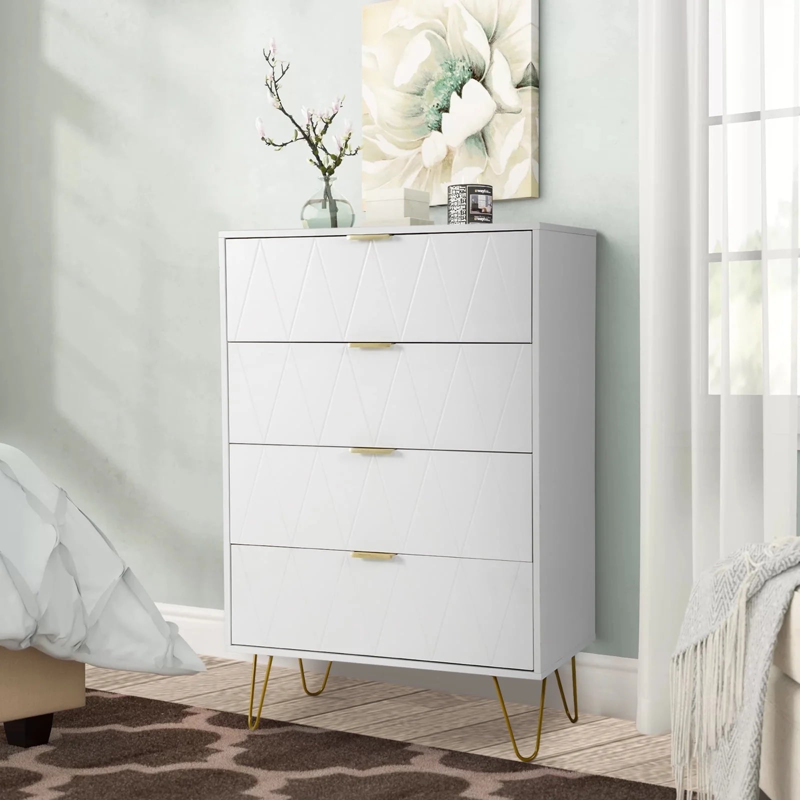 4-Drawer White Dressers with Gold Handles, Modern Wooden Storage Chest Closets
